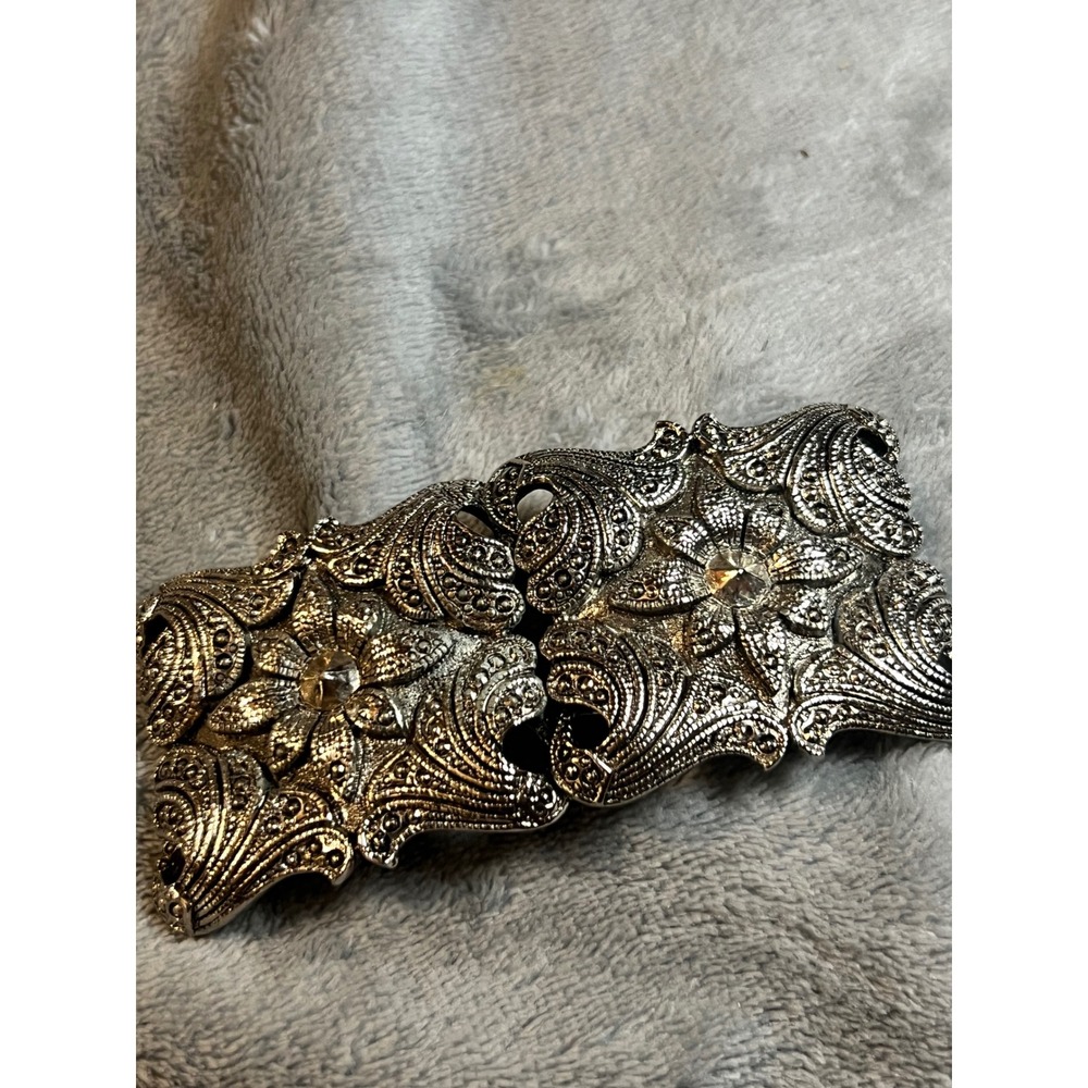 Vintage Douglas Paquette Silver Tone Floral Stretch Belt Clasp Rhinestones